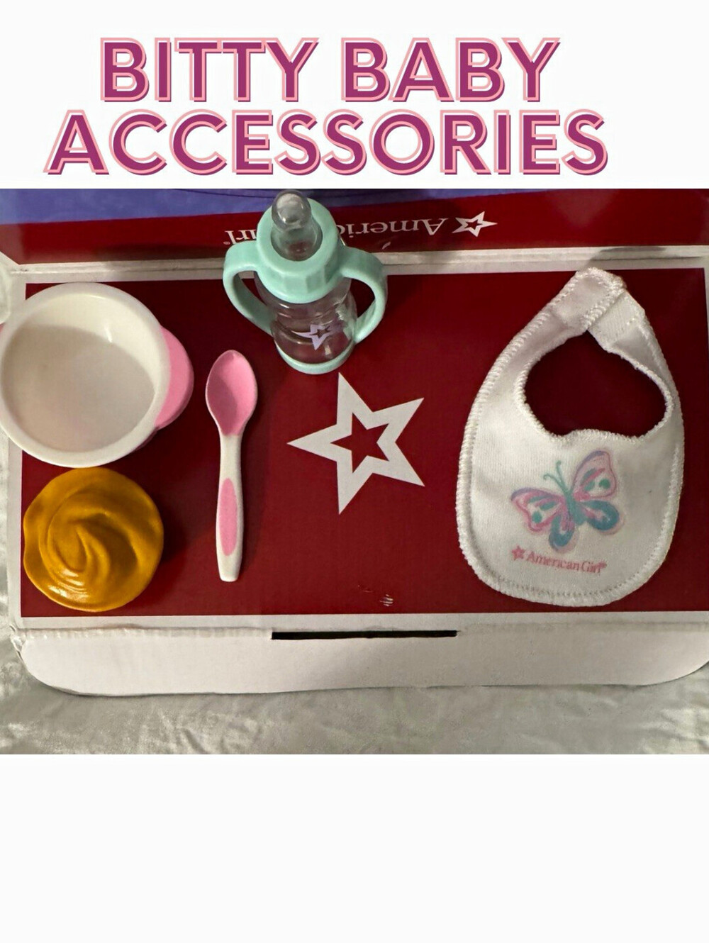 American Girl Bitty Baby Accessories Lot - Bib Bottle Bowl Spoon Set